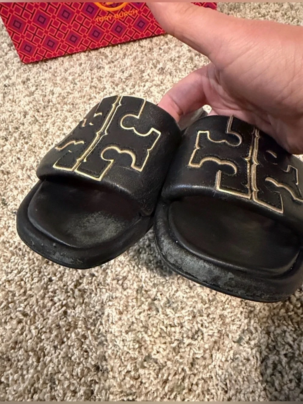 Tory Burch Black Leather Logo Slide Sandals with Gold Trim